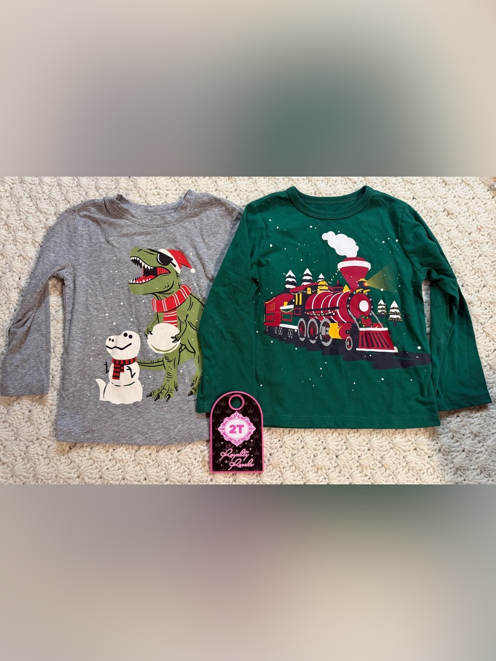 The Children's Place Green & Gray Holiday Train and Dino Long-Sleeve Tee Set